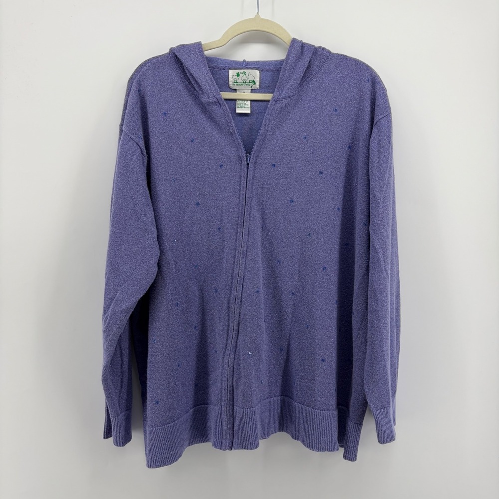 The Quacker Factory 2X Purple Hoodie Sweater Zip Sequin Shimmer Ramie Blend